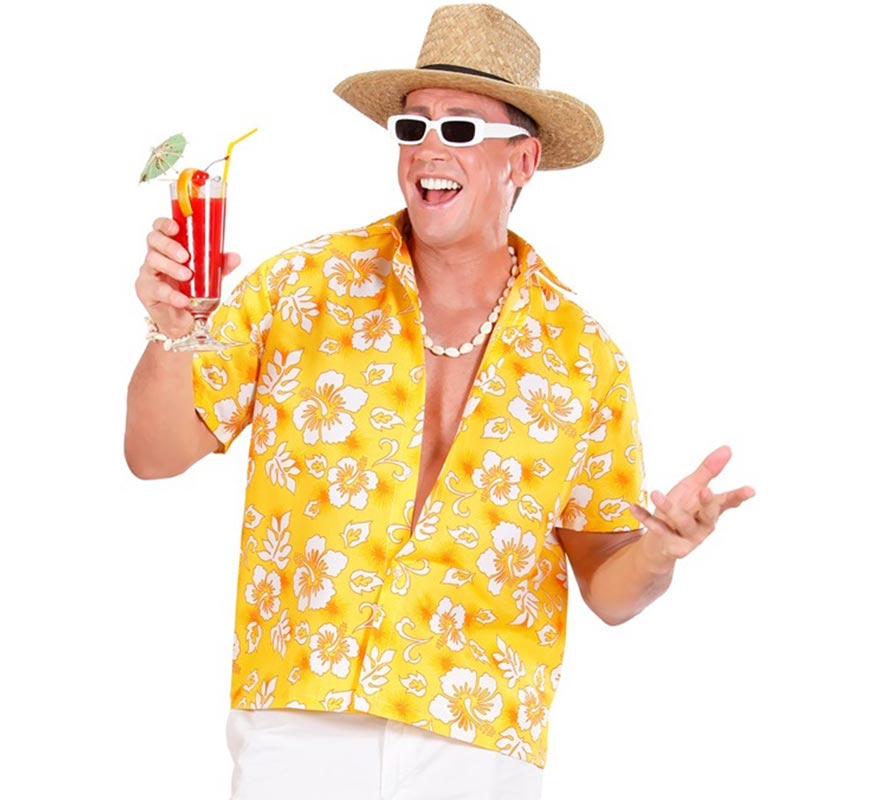Translation missing: pt-PT.Camisa manga corta Hawaiana con Flores amarilla para hombre