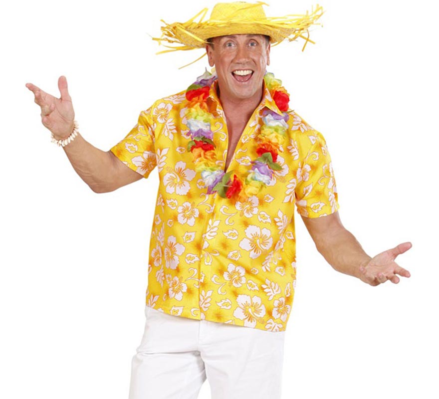 Translation missing: pt-PT.Camisa manga corta Hawaiana con Flores amarilla para hombre