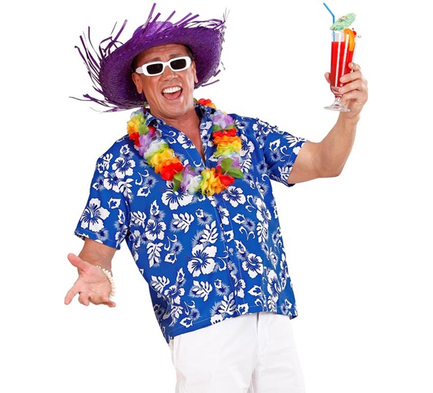 Translation missing: pt-PT.Camisa manga corta Hawaiana con Flores azul para hombre