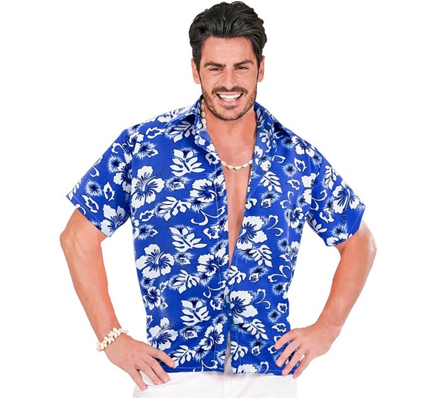Translation missing: pt-PT.Camisa manga corta Hawaiana con Flores azul para hombre