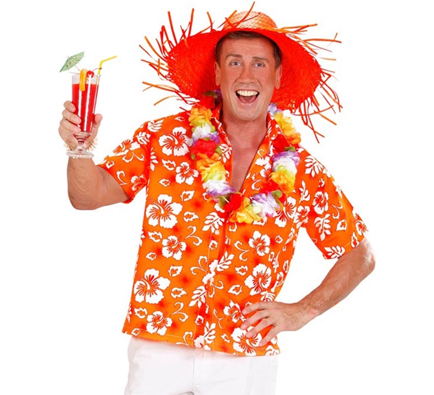 Translation missing: pt-PT.Camisa manga corta Hawaiana con Flores naranja para hombre