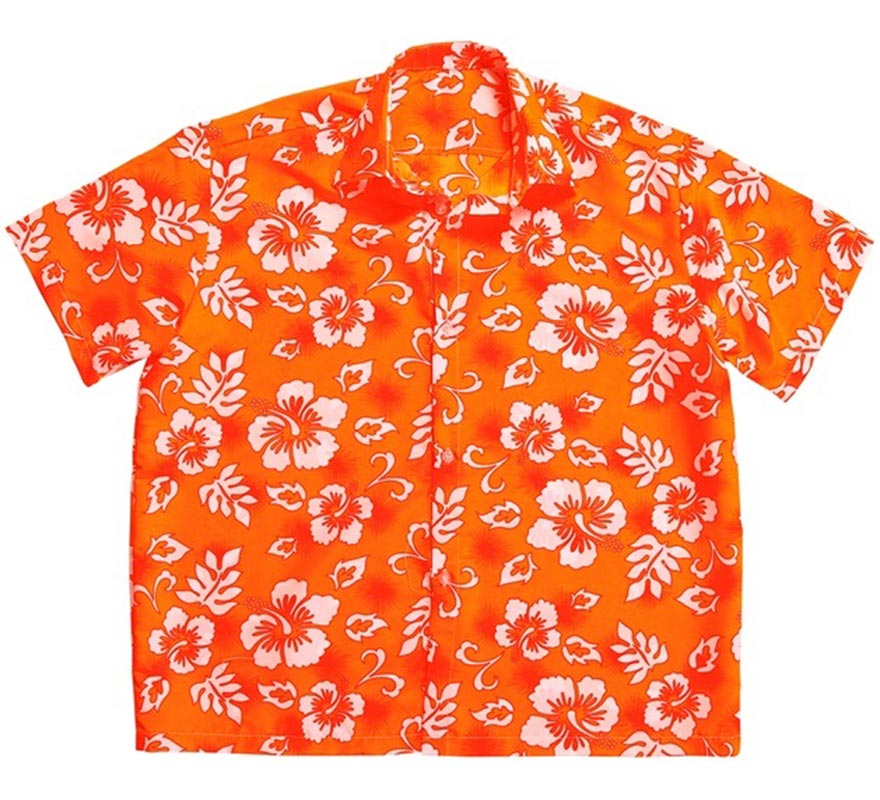 Translation missing: pt-PT.Camisa manga corta Hawaiana con Flores naranja para hombre