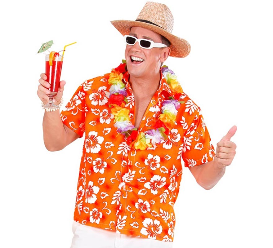 Translation missing: pt-PT.Camisa manga corta Hawaiana con Flores naranja para hombre