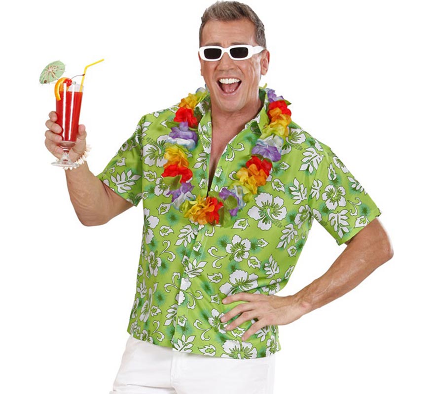 Translation missing: pt-PT.Camisa manga corta Hawaiana con Flores verde para hombre