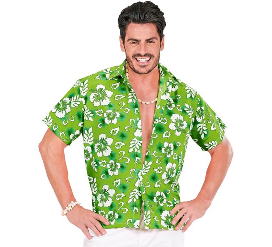 Translation missing: pt-PT.Camisa manga corta Hawaiana con Flores verde para hombre
