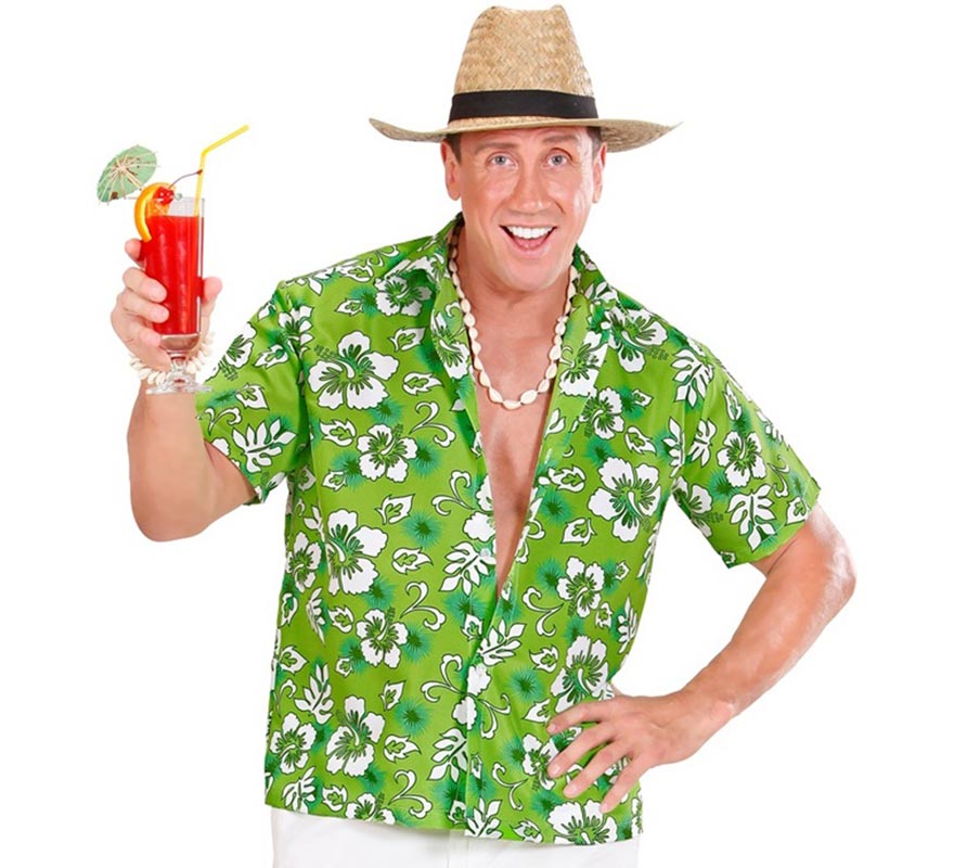 Translation missing: pt-PT.Camisa manga corta Hawaiana con Flores verde para hombre