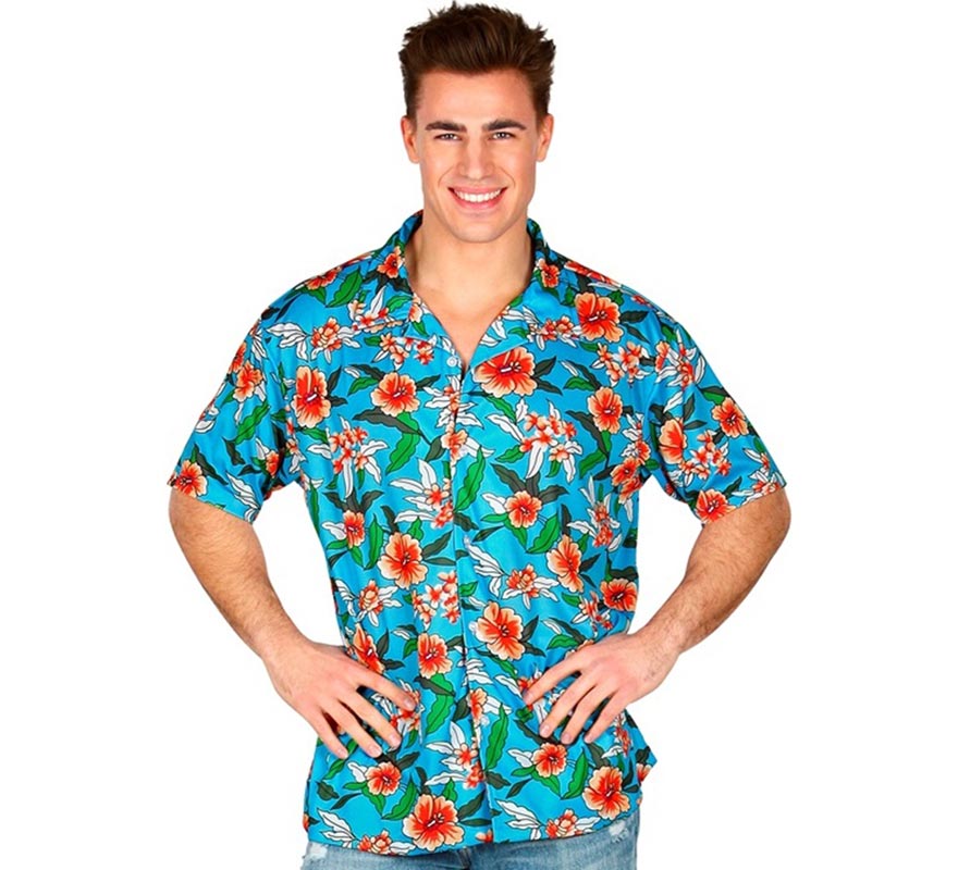 Translation missing: pt-PT.Camisa manga corta Hawaiana Estampada azul para hombre