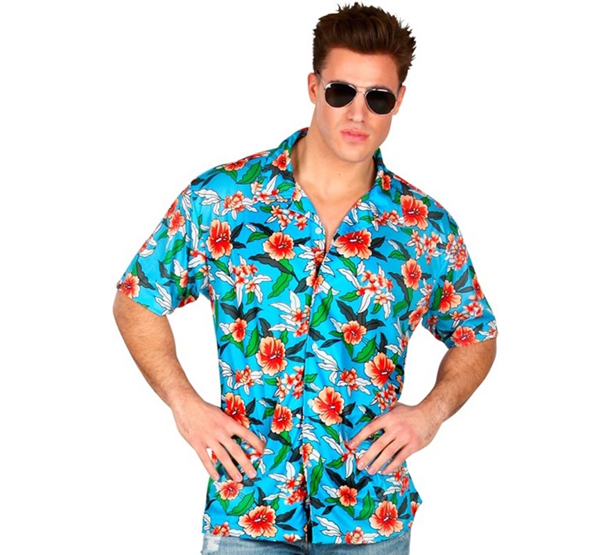 Translation missing: pt-PT.Camisa manga corta Hawaiana Estampada azul para hombre