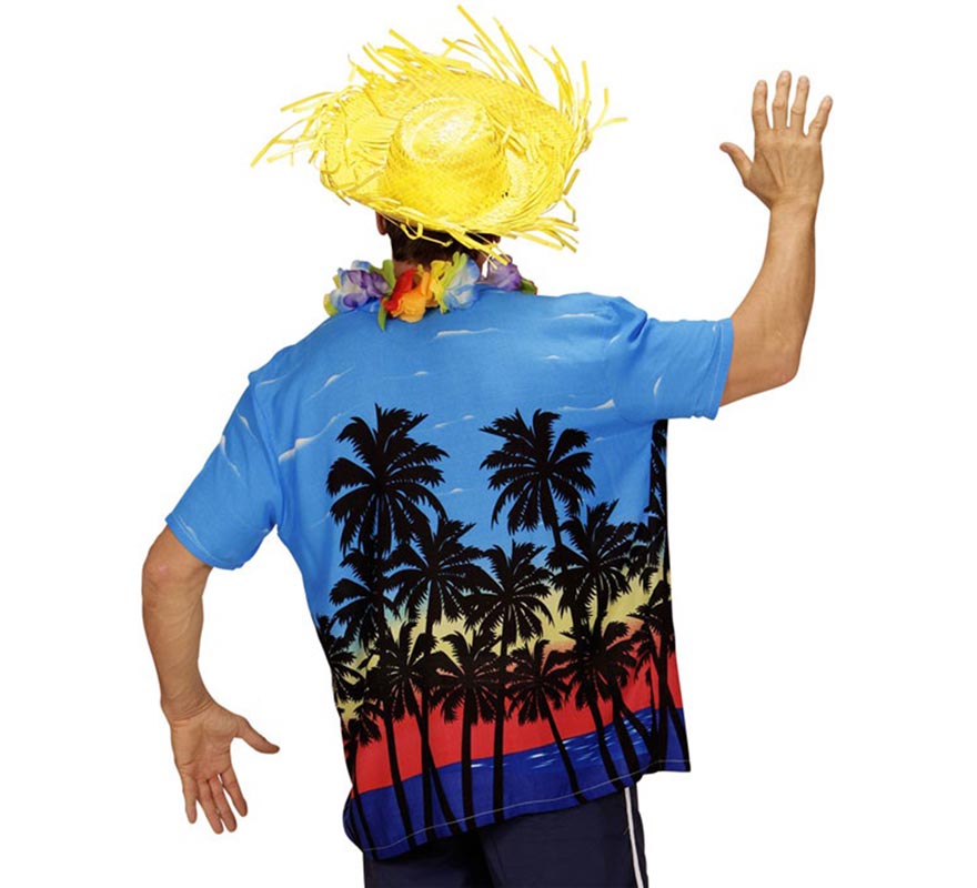 Translation missing: pt-PT.Camisa manga corta Hawaiana Palm Beach azul para hombre