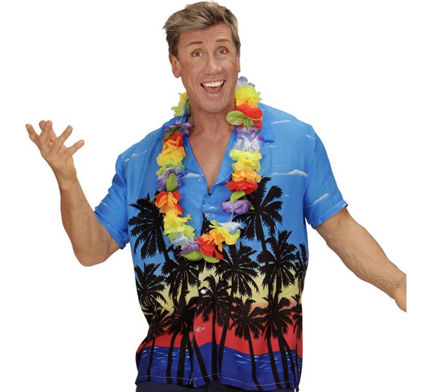Translation missing: pt-PT.Camisa manga corta Hawaiana Palm Beach azul para hombre