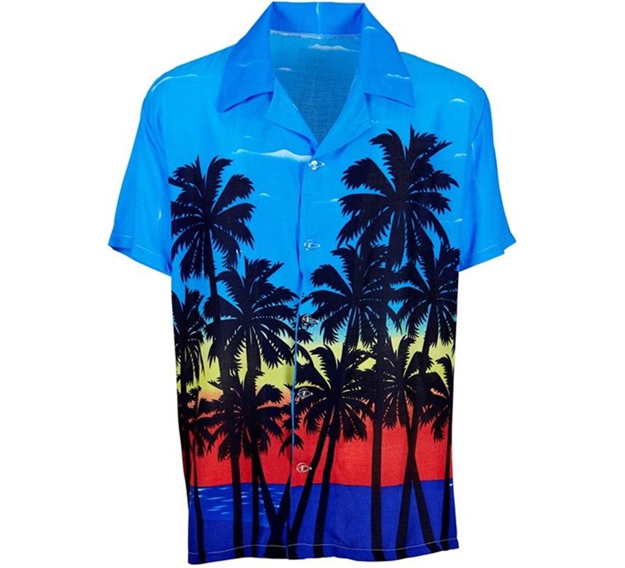 Translation missing: pt-PT.Camisa manga corta Hawaiana Palm Beach azul para hombre