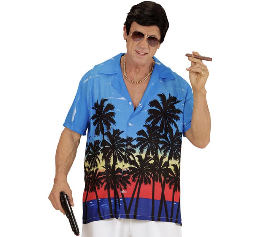 Translation missing: pt-PT.Camisa manga corta Hawaiana Palm Beach azul para hombre