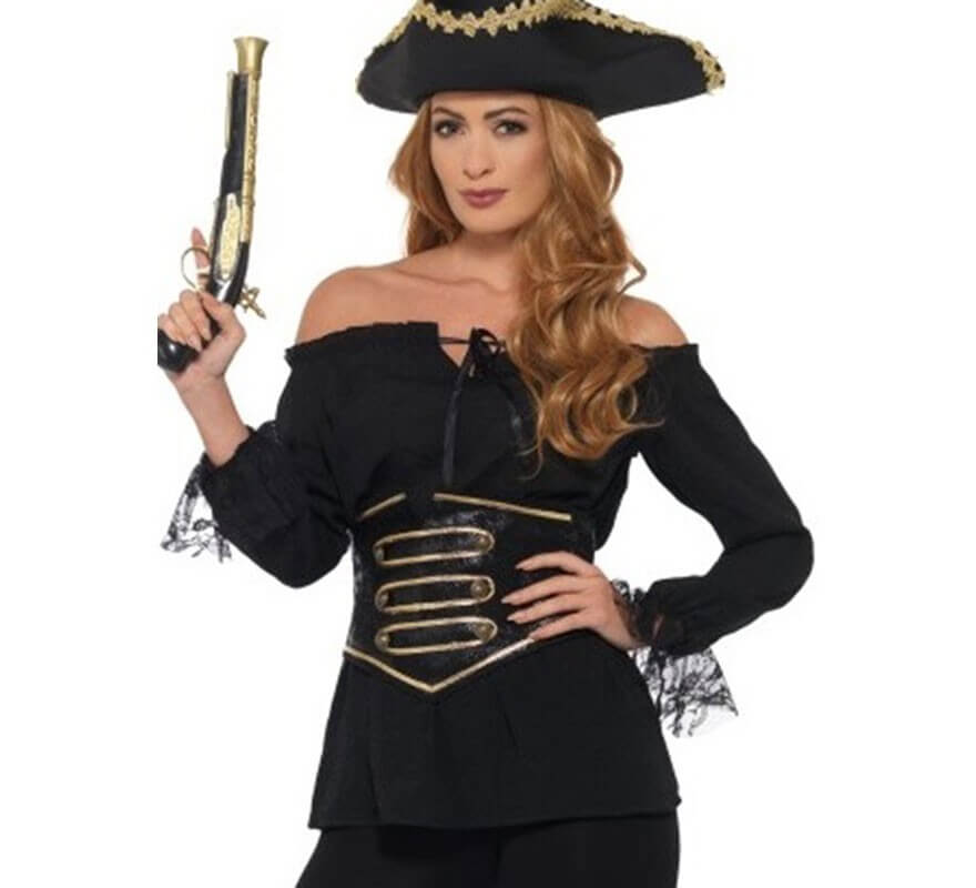 Translation missing: pt-PT.Camisa Pirata Negra con Encaje para mujer