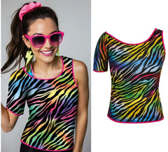 Camiseta feminina multicolorida com estampa de zebra, estilo anos 80.