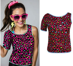 Camiseta feminina multicolorida com estampa de leopardo, estilo anos 80.