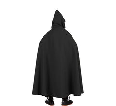 Capa longa medieval preta com capuz infantil