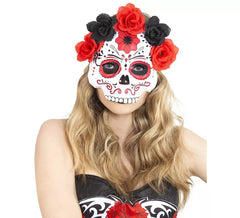 Máscara Catrina com flores vermelhas e pretas