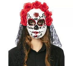 Máscara Catrina com flores e véu adulto 27x24 cm