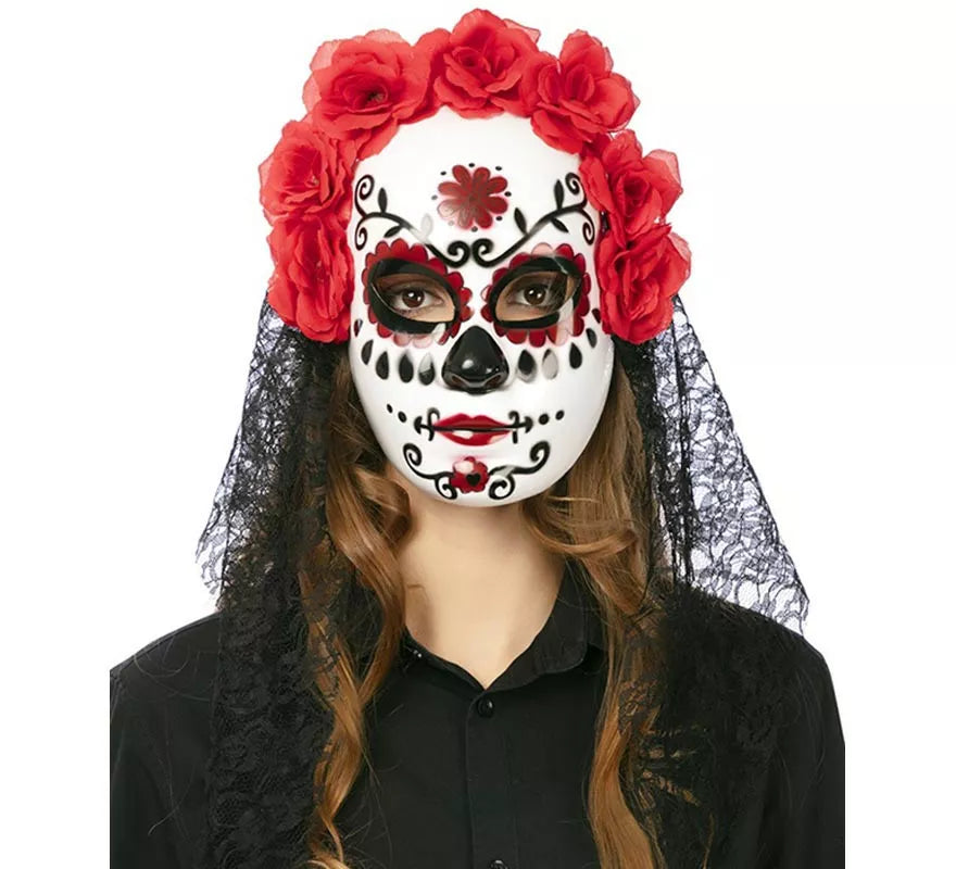 Translation missing: pt-PT.Careta Catrina con flores y velo adulto de 27x24 cm