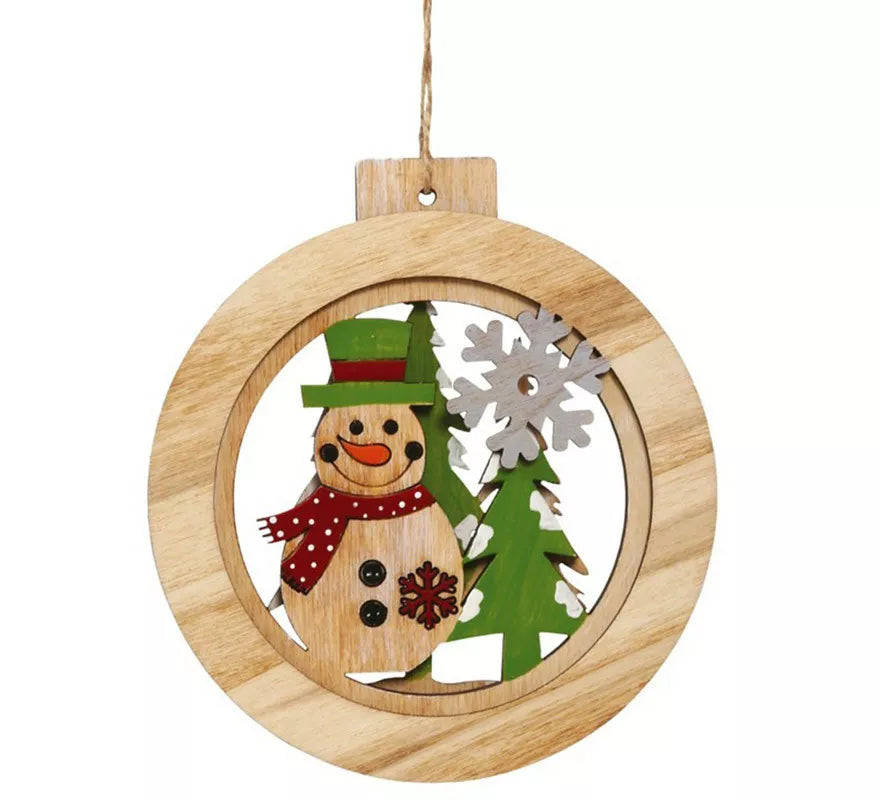 Translation missing: pt-PT.Colgante Bola de Madera con Muñeco de Nieve de 12 cms