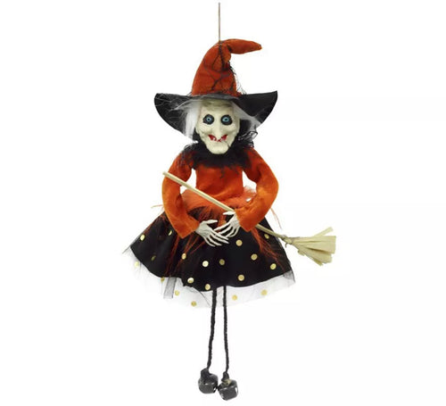 Colgante de Bruja naranja con escoba de 45 cm