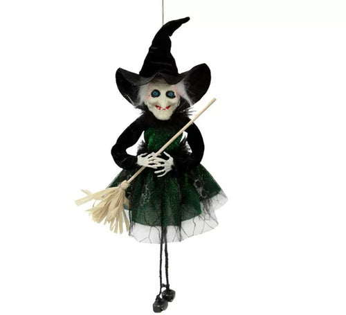 Colgante de Bruja verde con escoba de 45 cm