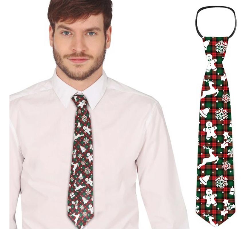 Translation missing: pt-PT.Corbata con figuras Navideñas verde y rojo a cuadros de 45 cm