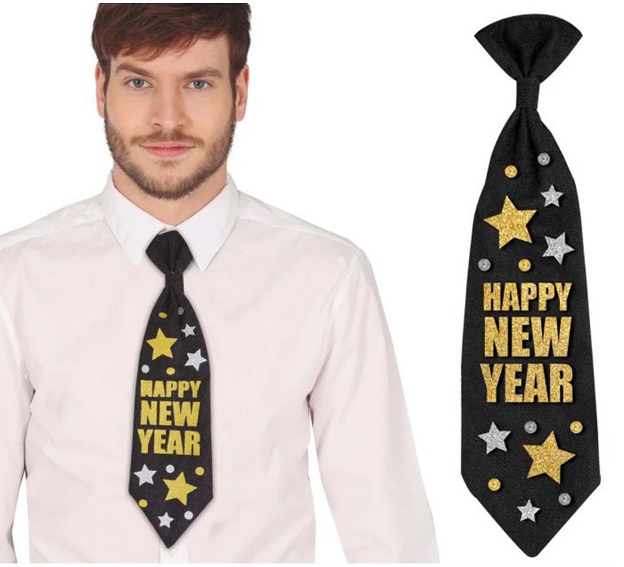 Translation missing: pt-PT.Corbata 'Happy New Year' negro y dorado de 38 cm
