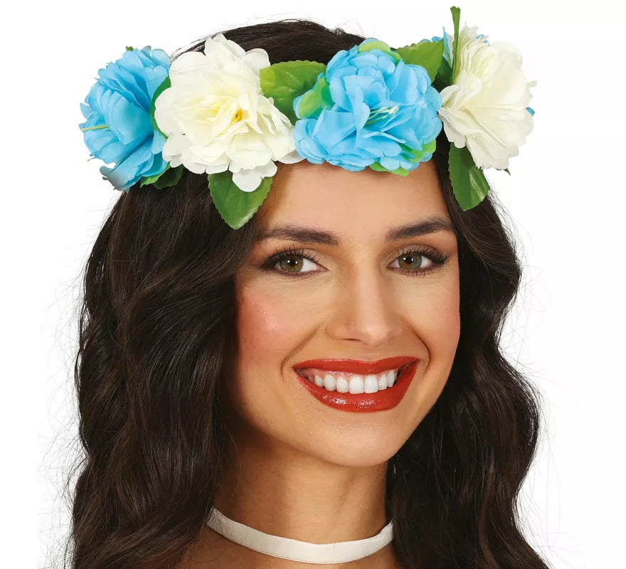 Translation missing: pt-PT.Corona de Flores blancas y azules de 20 cm