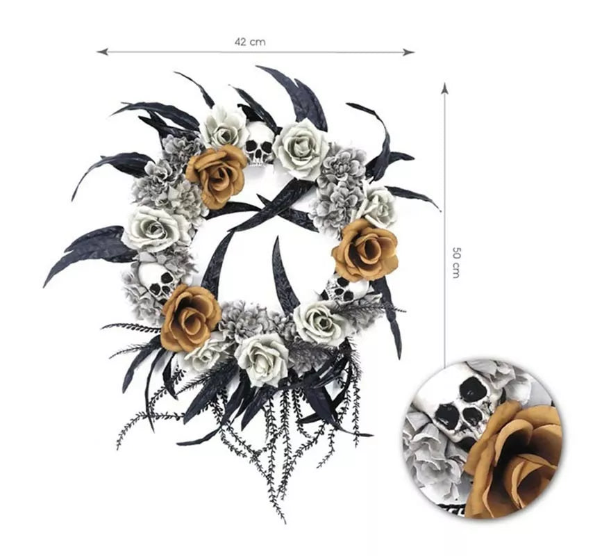 Translation missing: pt-PT.Corona Flores blancas y Calavera de 42x50 cm
