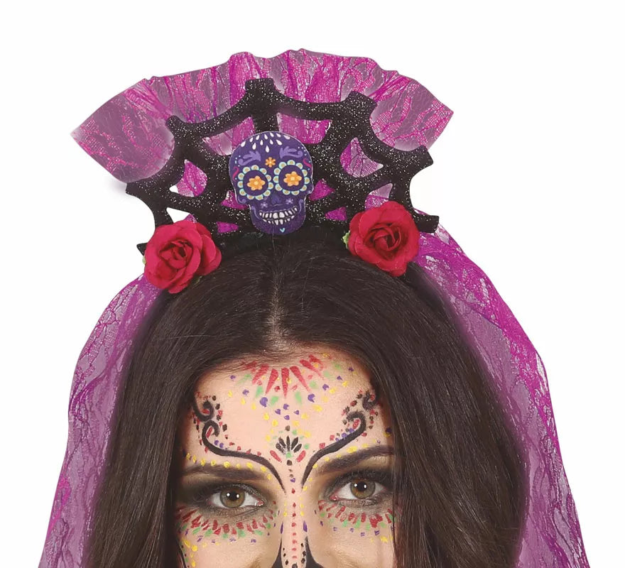 Translation missing: pt-PT.Diadema Calavera con Velo Lila y Rosas