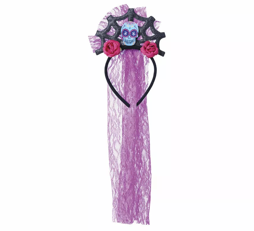 Translation missing: pt-PT.Diadema Calavera con Velo Lila y Rosas