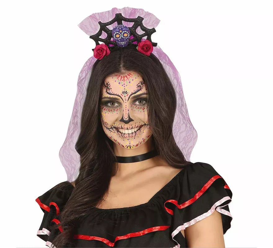 Translation missing: pt-PT.Diadema Calavera con Velo Lila y Rosas