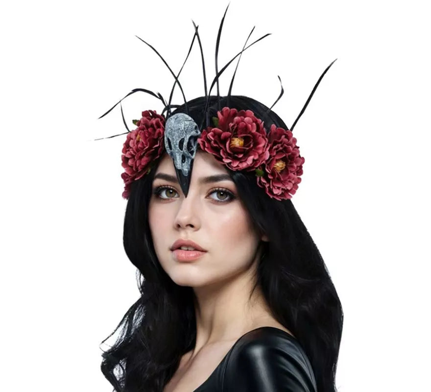 Diadema Calavera y Pluma de Pájaro