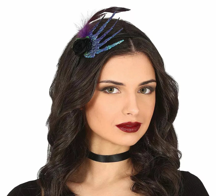 Translation missing: pt-PT.Diadema con Mano, Pluma y Rosa Negra