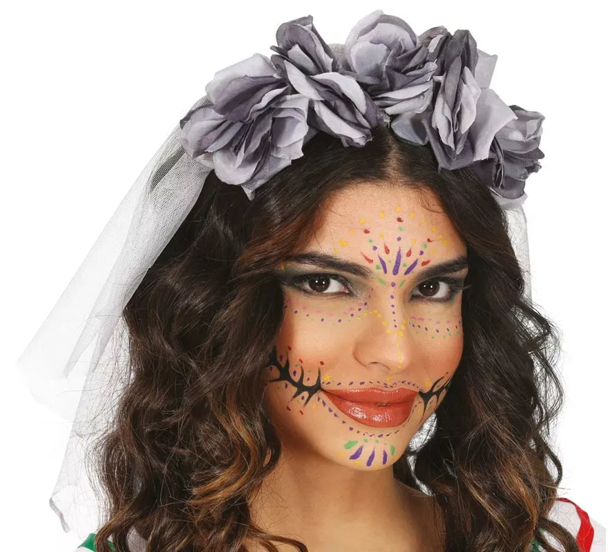 Translation missing: pt-PT.Diadema con Velo y Flores grises