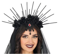 Tiara com Véu e Flores Pretas