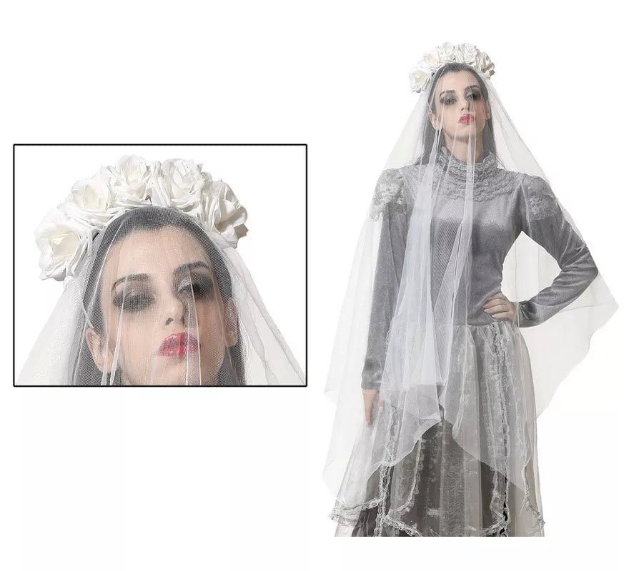 Translation missing: pt-PT.Diadema con Velo y Rosas Blancas de 129x19