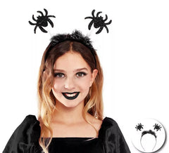 Tiara de aranhas pretas brilhantes com penas de criança
