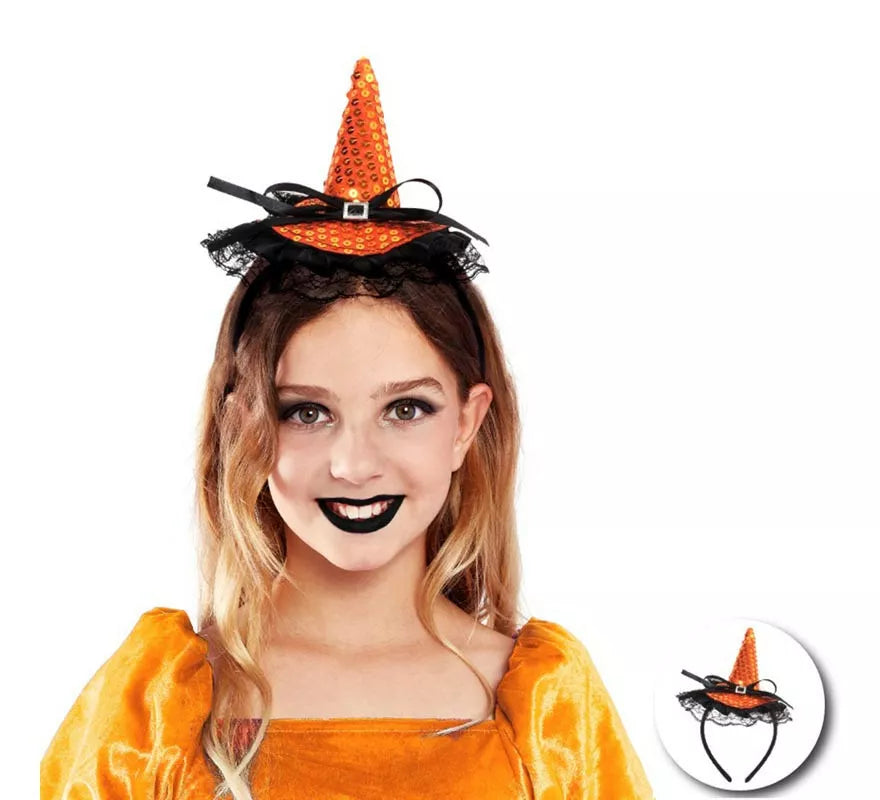 Diadema de Bruja con lentejuelas y lazo infantil en varios colores