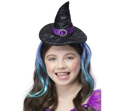 Bandana de bruxa com mechas azuis e glitter infantil