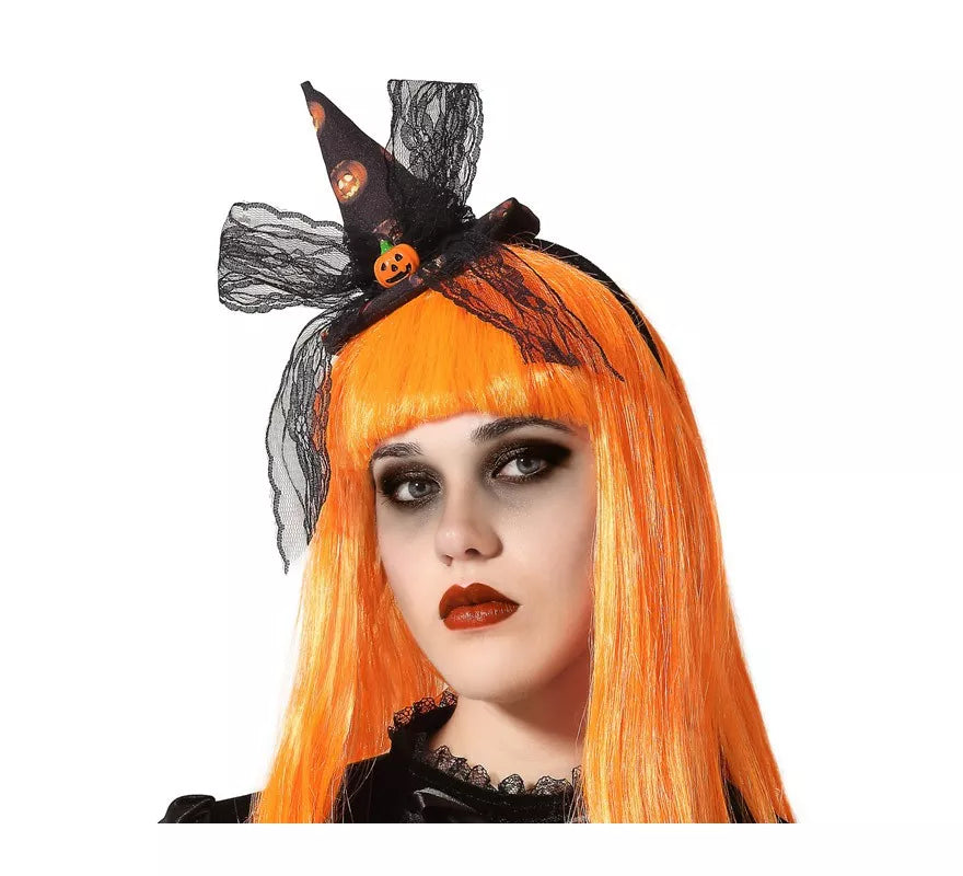 Translation missing: pt-PT.Diadema de Bruja con Mini Sombrero de Calabazas y Lazo