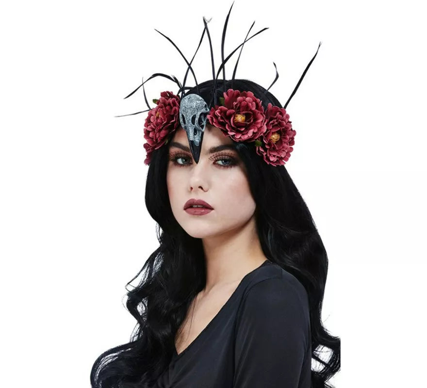 Translation missing: pt-PT.Diadema de Calavera y Pluma de pájaro con flores