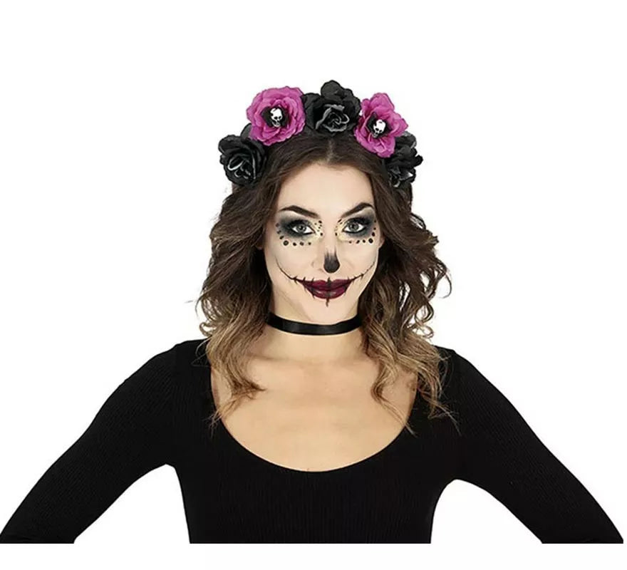 Diadema de Catrina Flores negras y púrpura