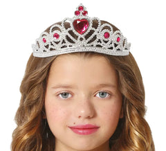 Tiara infantil com coração prateado e vermelho