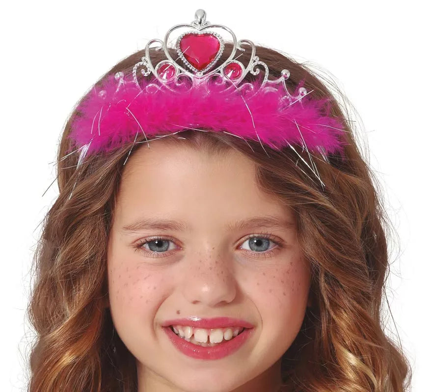 Translation missing: pt-PT.Diadema de Corazón rojo y plateada Pluma fucsia infantil