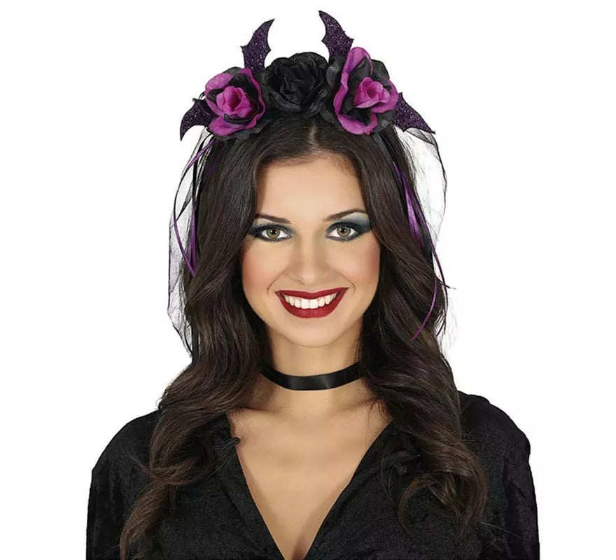 Translation missing: pt-PT.Diadema de Flores negras y lilas con Velo