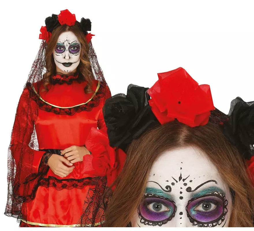 Translation missing: pt-PT.Diadema de Flores Negras y Rojas con Velo