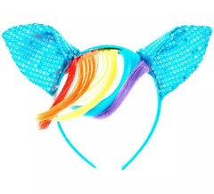 Tiara de pônei azul com lantejoulas e cabelo arco-íris