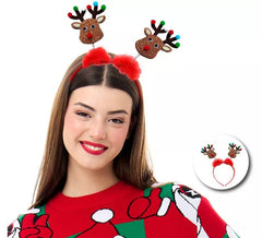 Tiara de rena brilhante com pompons vermelhos